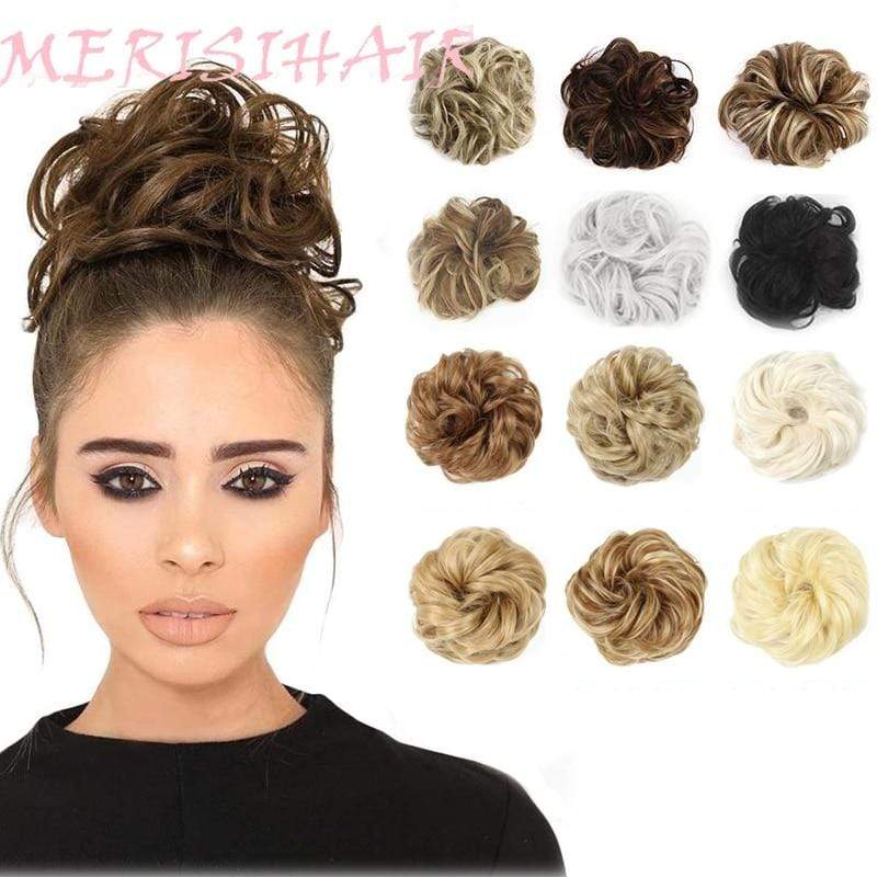 MERISIHAIR Girls Curly Scrunchie Chignon With Rubber Band Brown Gray Synthetic Hair Ring Wrap On Mes