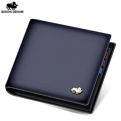 BISON DENIM Genuine Leather Men Wallets Brand Luxury RFID Bifold Wallet Zipper Coin Purse Business C