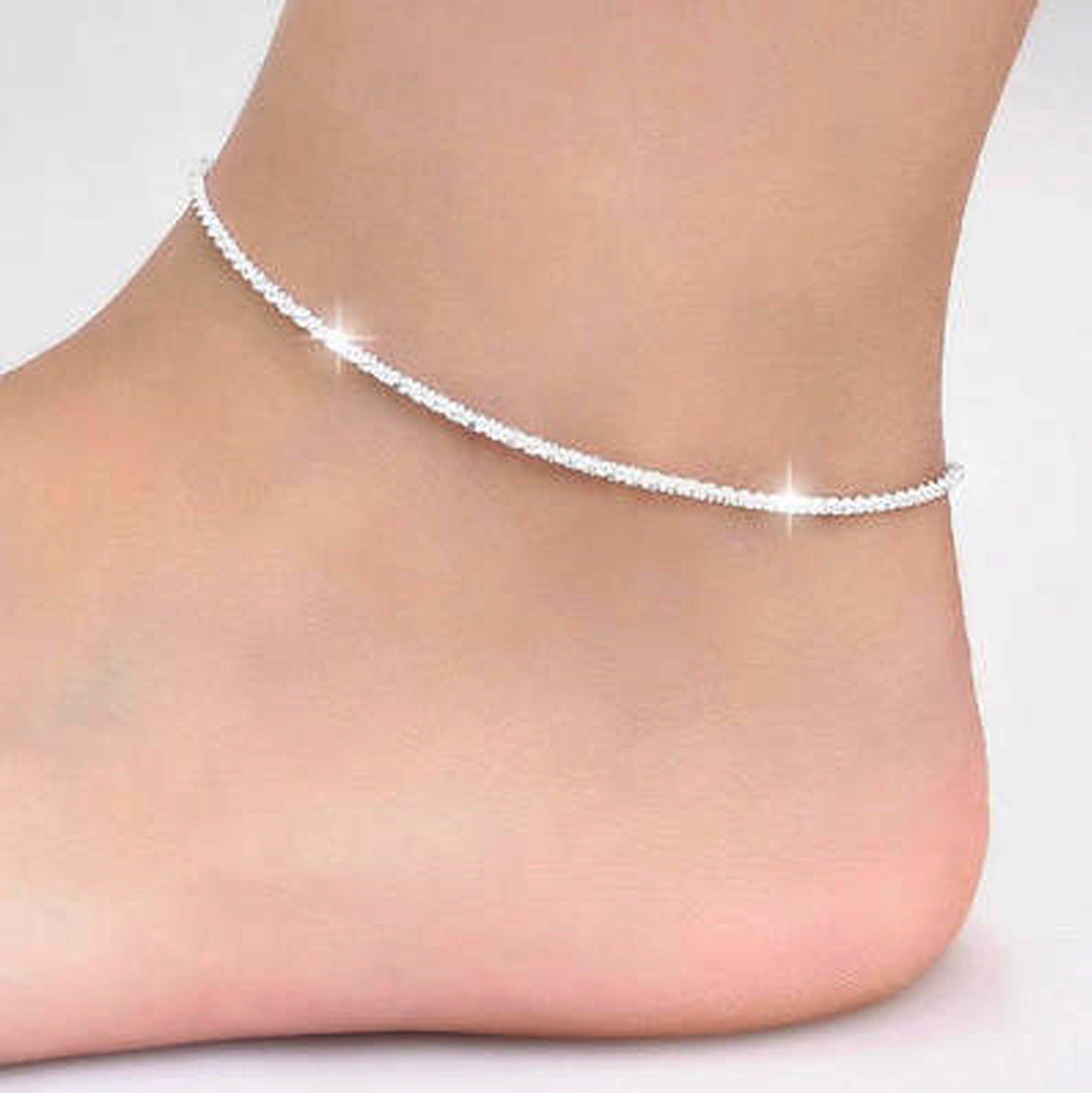 Thin stamped silver plated Shiny Chains Anklet For Women Girls Friend Foot Jewelry Leg Bracelet Bare