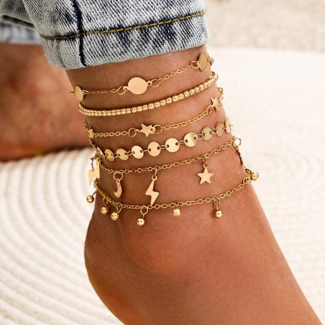 DIEZI 6 Style Vintage Bohemian Gold Color Chain Anklets Women Gi
