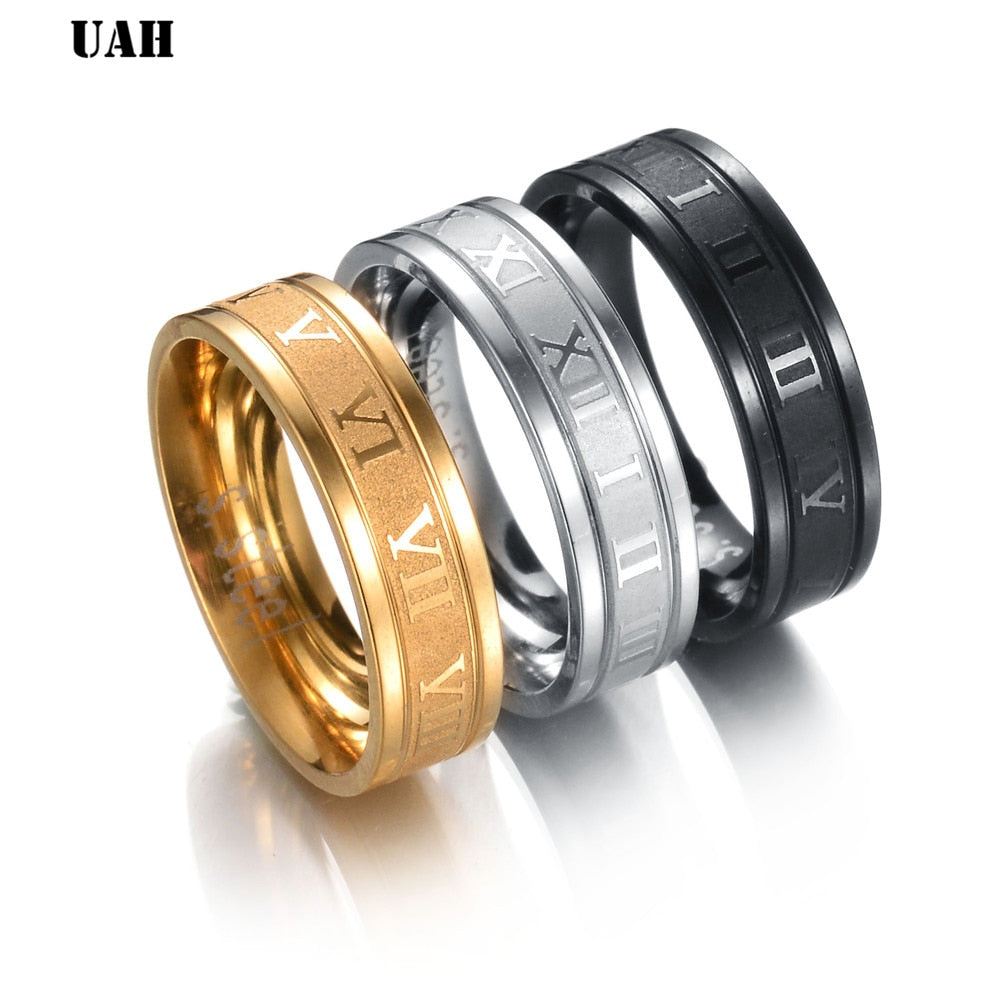 UAH 6 mm 316L Stainless Steel Wedding Band Ring Roman Numerals Gold Black Cool Punk Rings for Men Wo