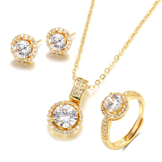 Kinel 18K Gold Zircon Jewelry Sets Engagement Ring Necklace Earring for Bridal Wedding Jewelry Valen