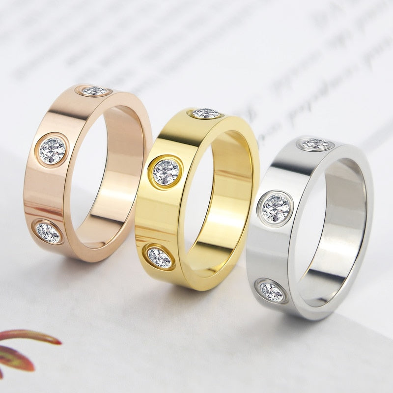 Luxury Shiny Rotating Circle Crystal Ring Stainless Steel Rose Gold Love Ring for Women Engagement g