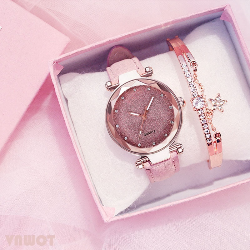 Casual Women Romantic Starry Sky Wrist Watch bracelet Leather Rhinestone Designer Ladies Clock Simpl
