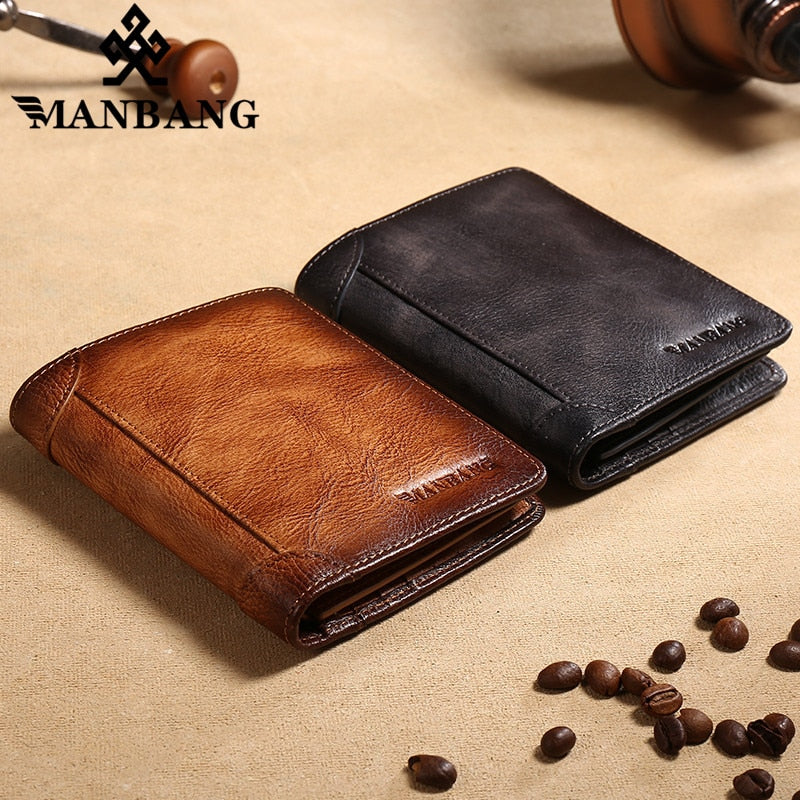 ManBang 2020 HOT Genuine Leather Men Wallet Small Mini Card Holder Male Wallet Pocket Retro purse Hi