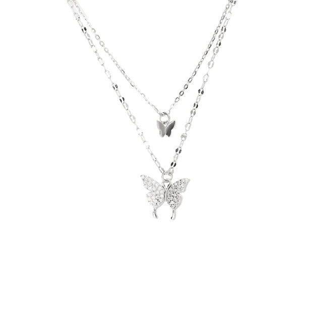 925 Sterling Silver Shiny Butterfly Tassel Necklace Female Exquisite Double Layer Pendant Clavicle C