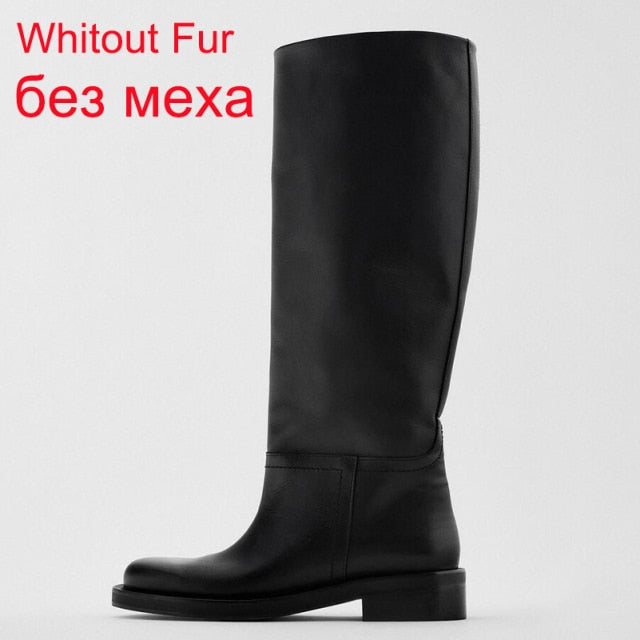 Meotina INS Women Genuine Leather Riding Boots Med Heel Round Toe Shoes Thick Heel Knee High Boots L