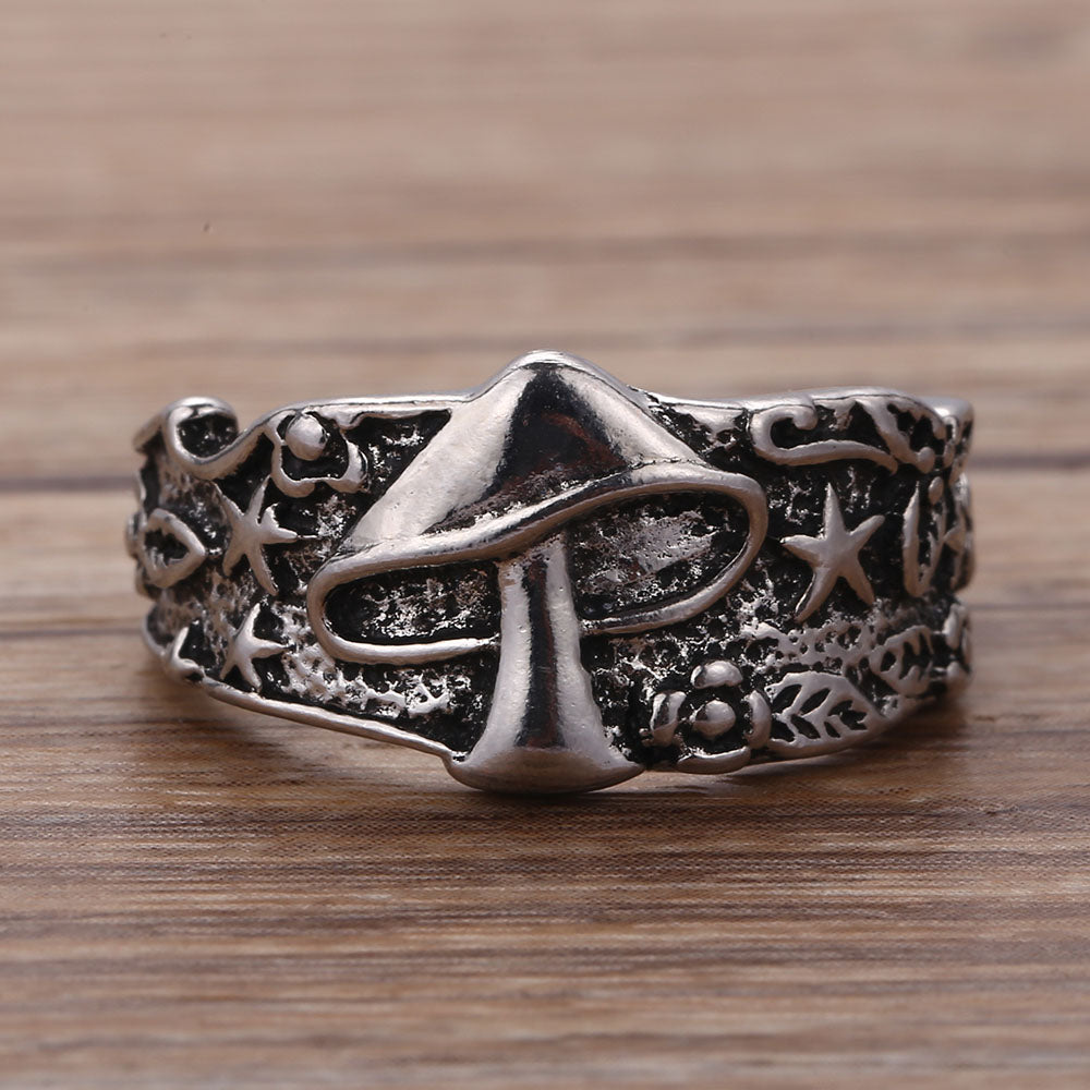 Vintage Mushroom Flower Pattern Ring for Women Men Multi Size Statement Retro Punk Hip Hop Biker Fin