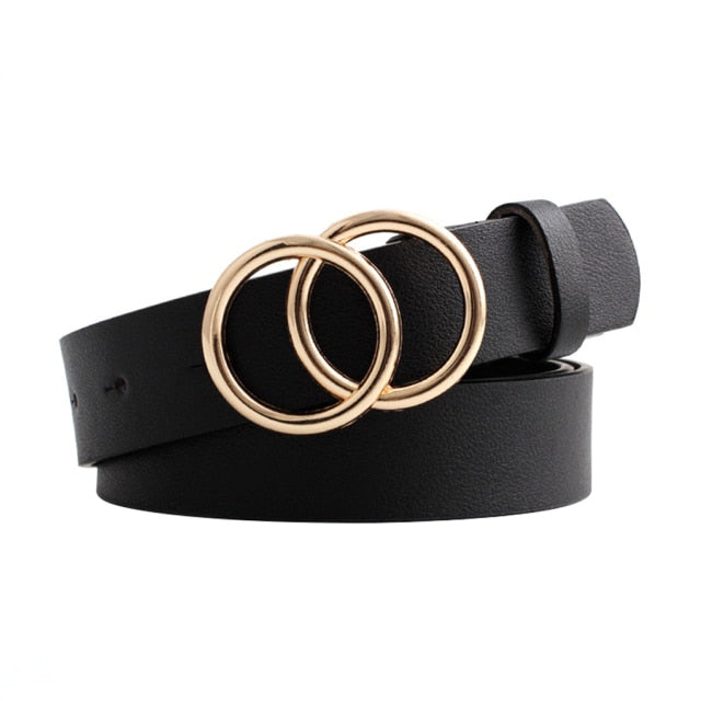 Double Ring Circle Button Belt Leisure Jeans Fashion Dress Women Leather Belt Simple Solid Color Gir