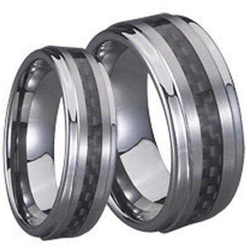 Black Band Ring White Tungsten Carbide Step Ring With Black Carbon Fiber