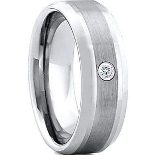 Black Diamond Ring White Tungsten Carbide Ring With 0.04ct Genuine White Diamond