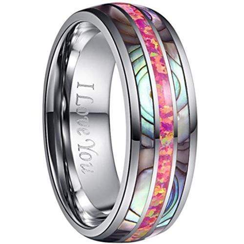 Silver Rings Silver White Tungsten Carbide Pink Opal Abalone Shell Dome Ring