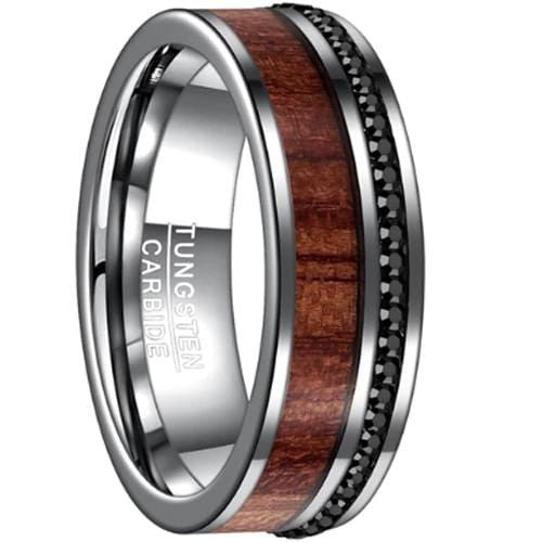 Silver Rings For Women Silver White Tungsten Carbide Ring With Wood and Black Cubic Zirconia