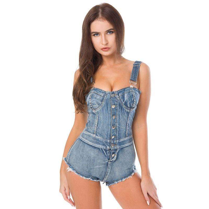 Sexy Women Single-breasted Raw Hem Design Denim Rompers