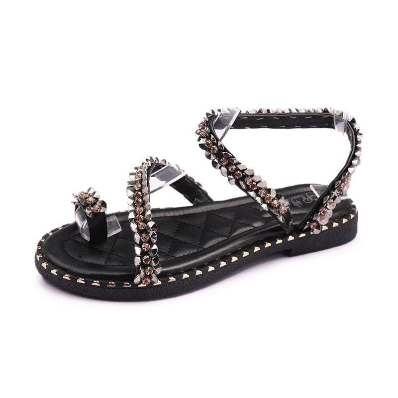 Ring Toe Design Rhinestone Flat Sandals Shoes