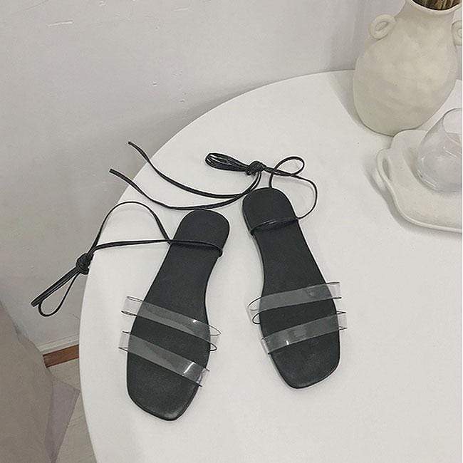 Simple Style Double Transparent Strap Design Square Toe Lace-up Flat Sandals Shoes