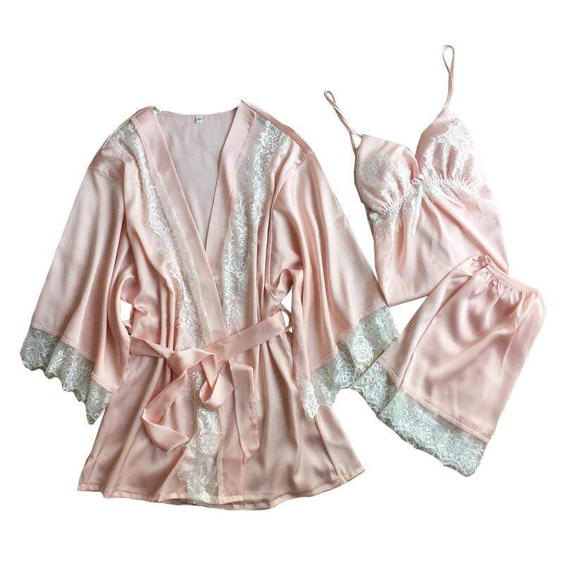 Sexy Lady Lace Silk Camisole Shorts Bathrobe Pajamas Set