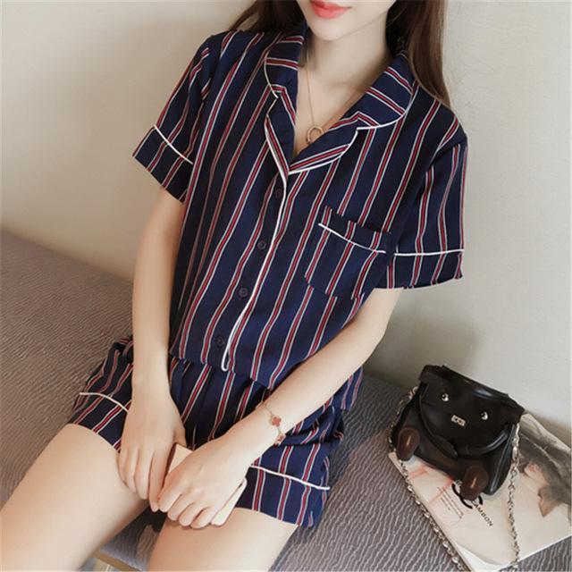 Women 2 Piece Silk Striped Shorts And Shirt Pajama Set