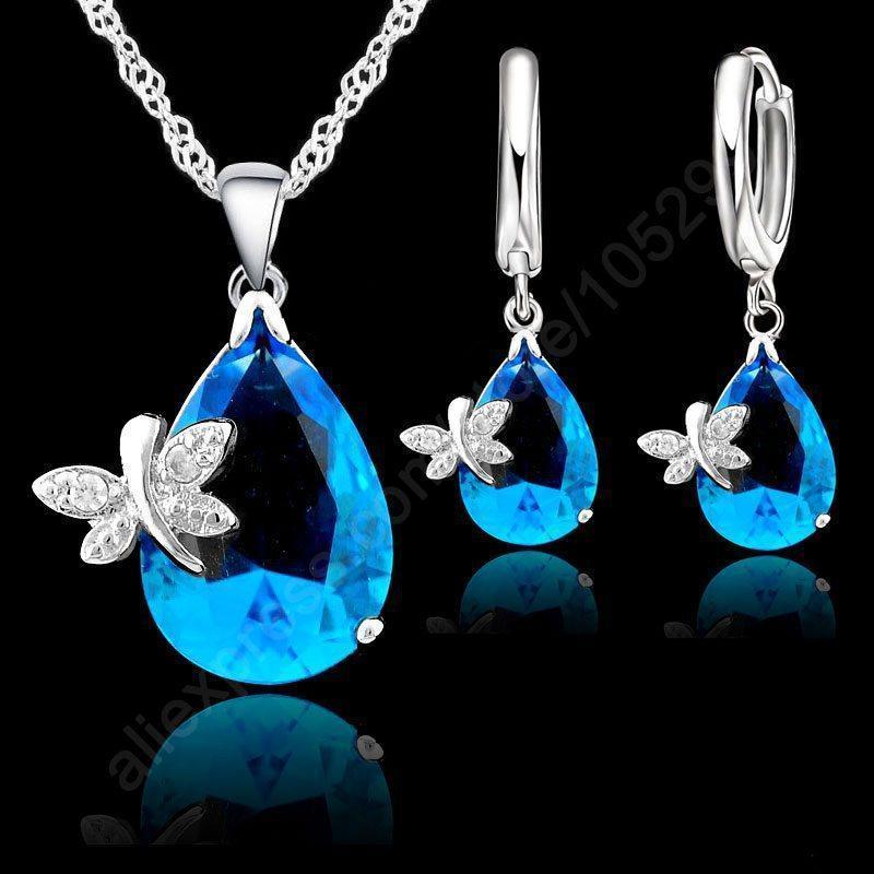 Women 925 Sterling Silver Austrian Crystal Necklace And  Earrings Set