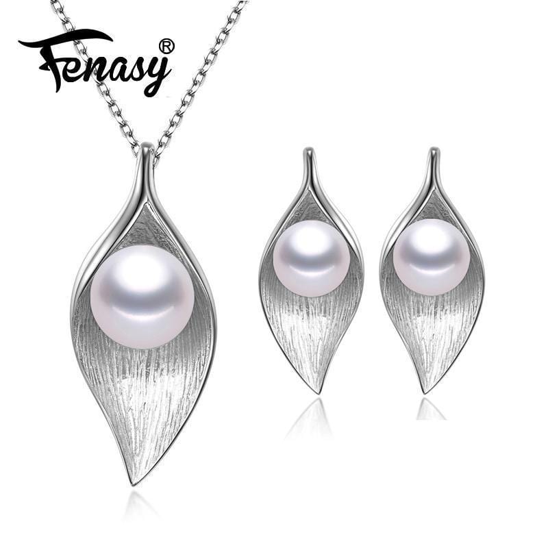 Women 925 Sterling Silver Pearl Necklace And Earring Set