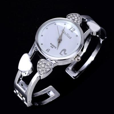 Women Heart And Crystal Cuff Bracelet Wrist Watch