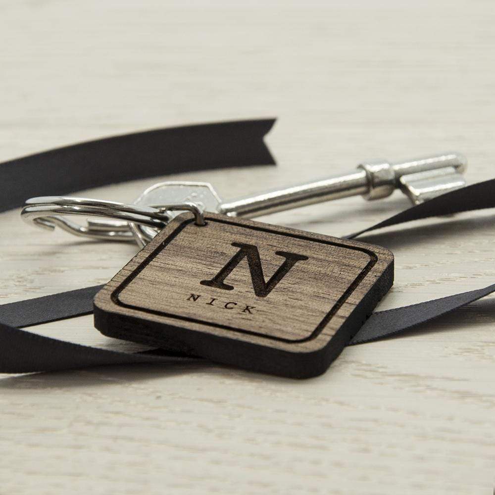 Personalized Keychains Square Wooden Key Ring - Initial and Name