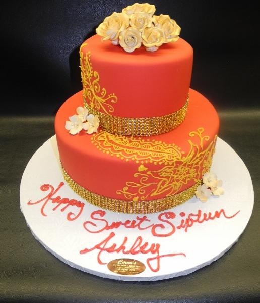 Red And Gold Fondant Sweet 16 Cake With Hennah Scroll Work - B0199 –  Circo'S Pastry Shop