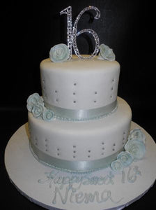 Sweet 16 White and Teal Fondant Cake with Diamond Cake topper - B0299 ...