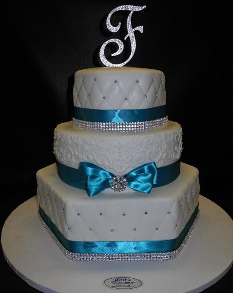 purple and turquoise wedding cake