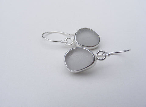 clear sea foam sea glass silver bezel set drop earrings