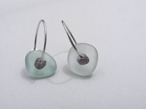 Sea Foam sea glass hoop earrings with a molten silver sequin.