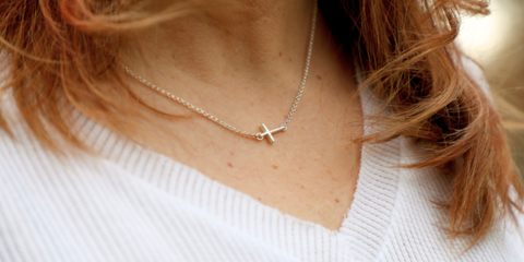 Greater Love Sterling Silver Sideways Cross Necklace by Tracy Hibsman Studio