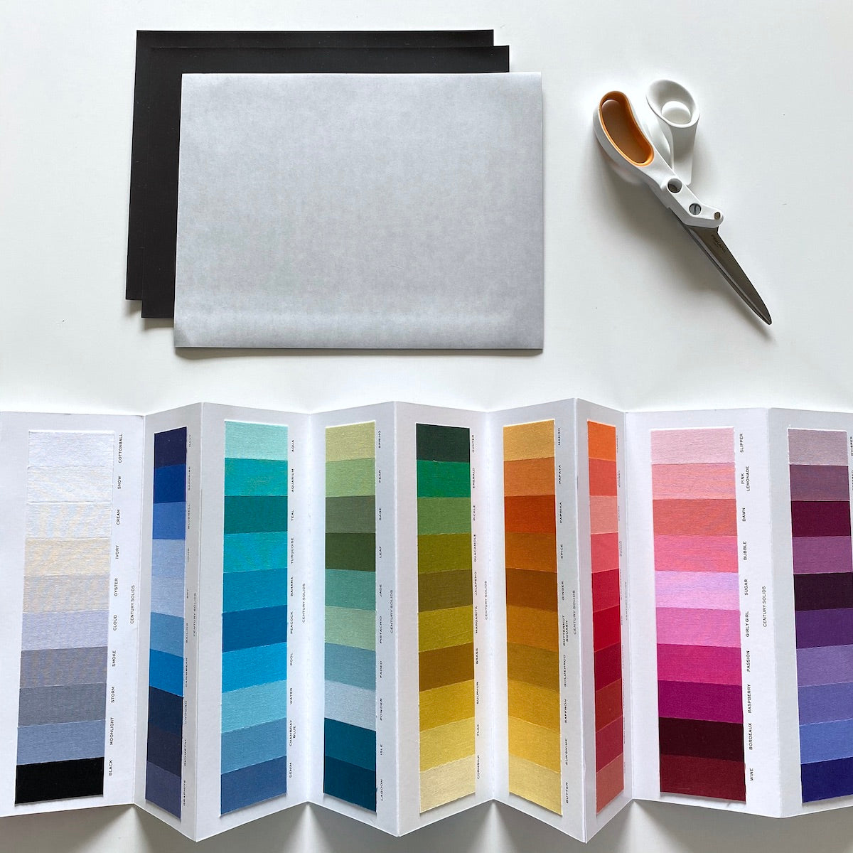 Century Solids Color Card, adhesive magnetic sheets, scissors