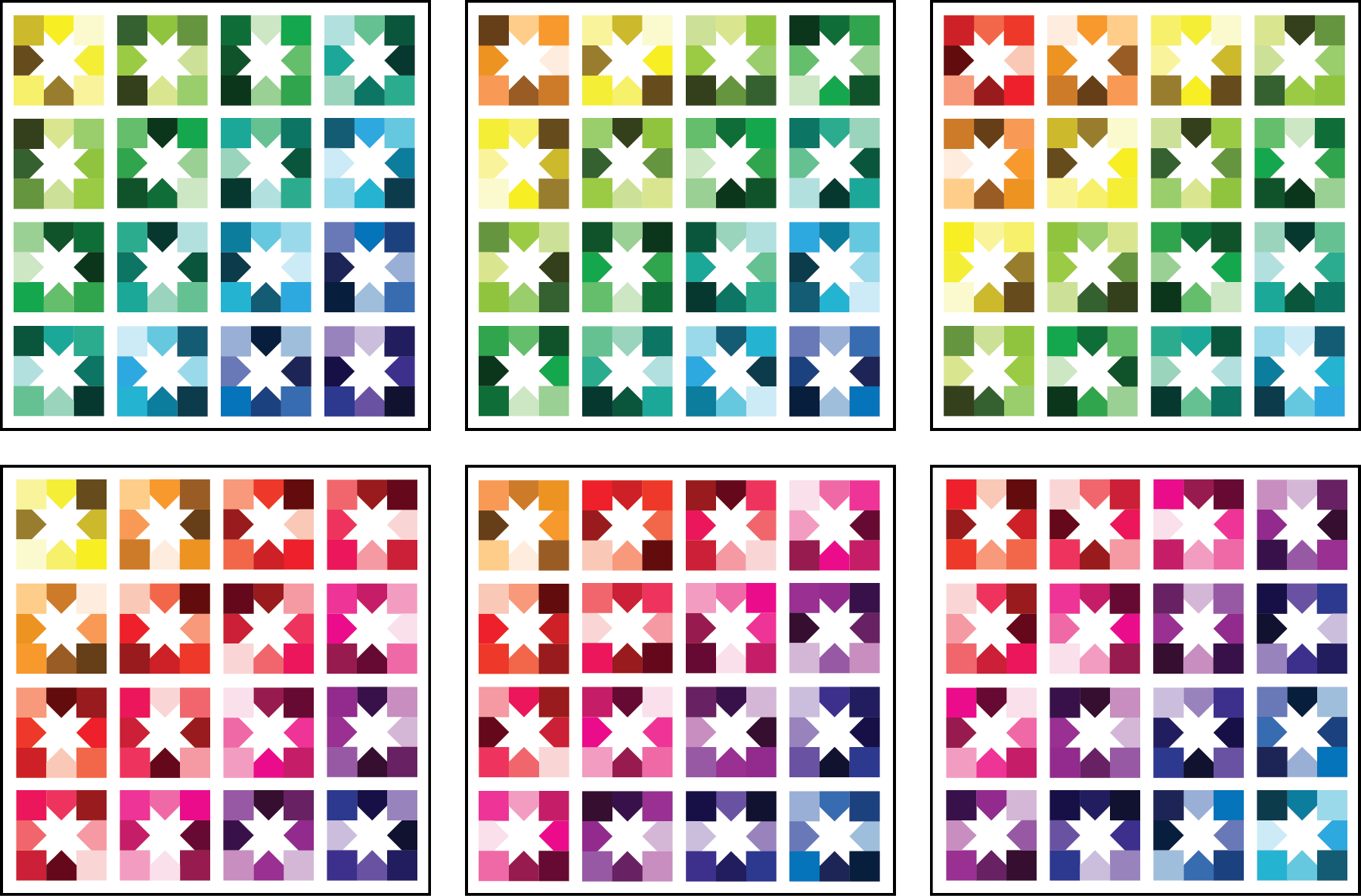 Joyful Stars quilt mockups in rainbow colors - Sewfinity.com