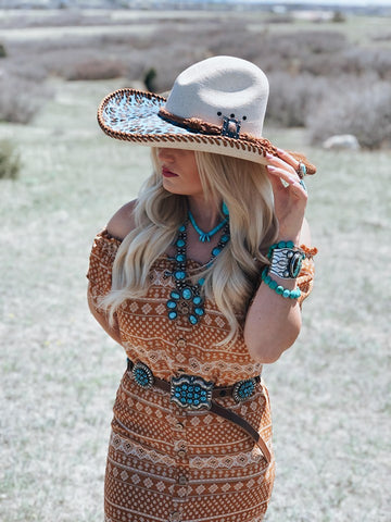 Boho Rust Ruffle Dress and Leopard hat