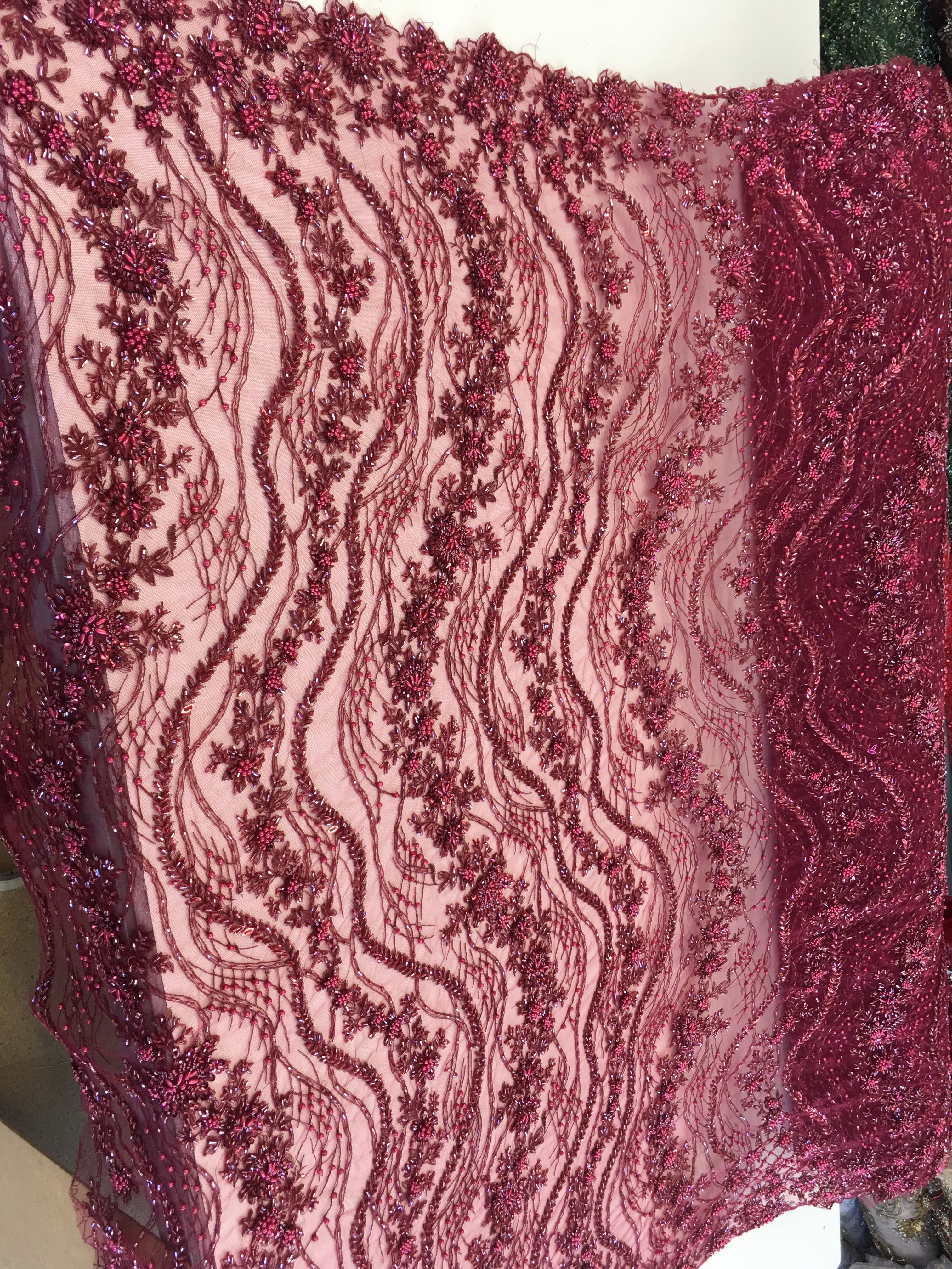 burgundy beaded lace fabric