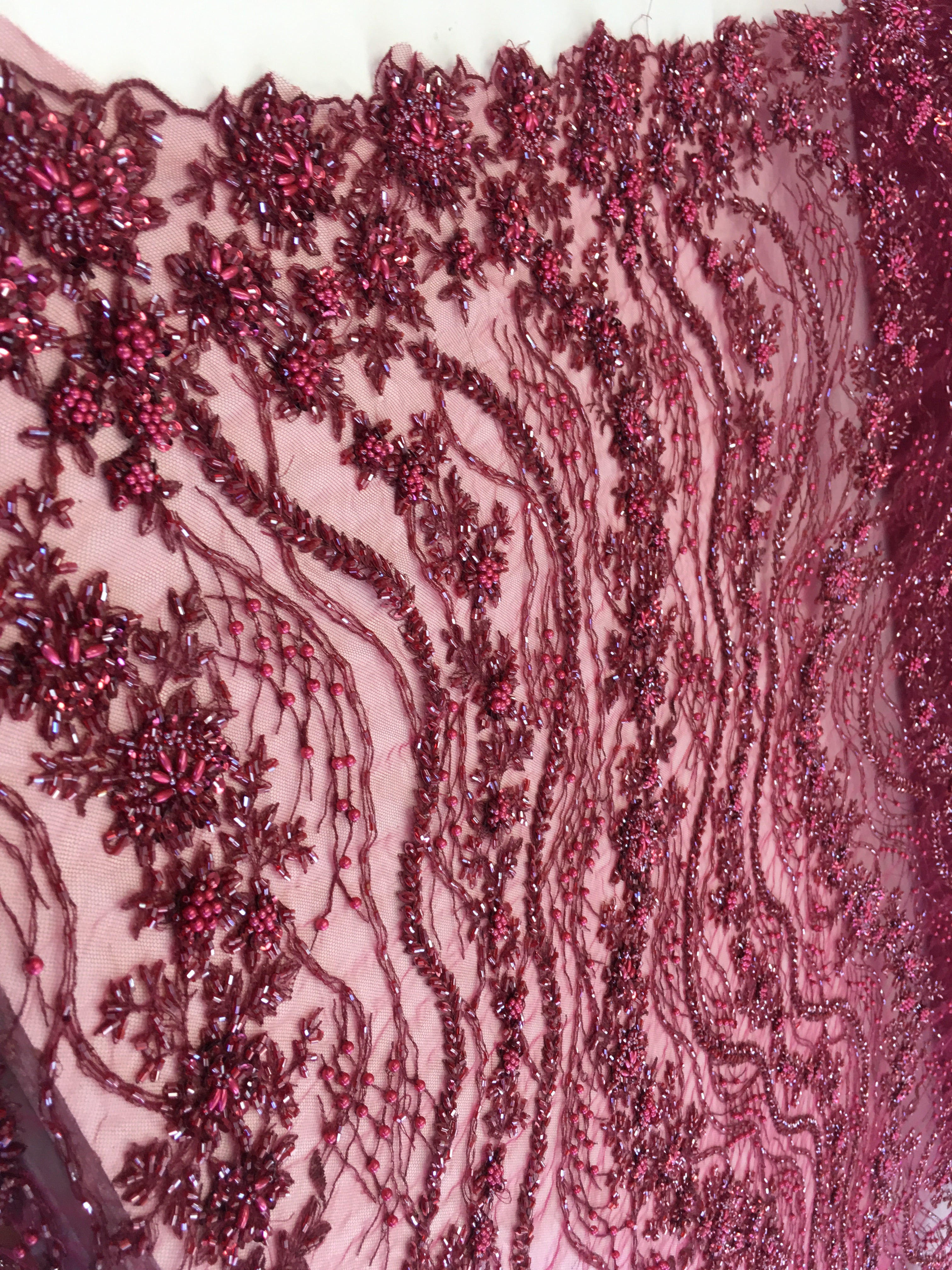 burgundy beaded lace fabric