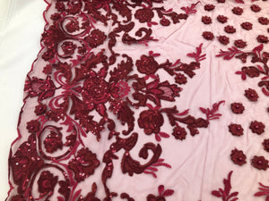 burgundy beaded lace fabric