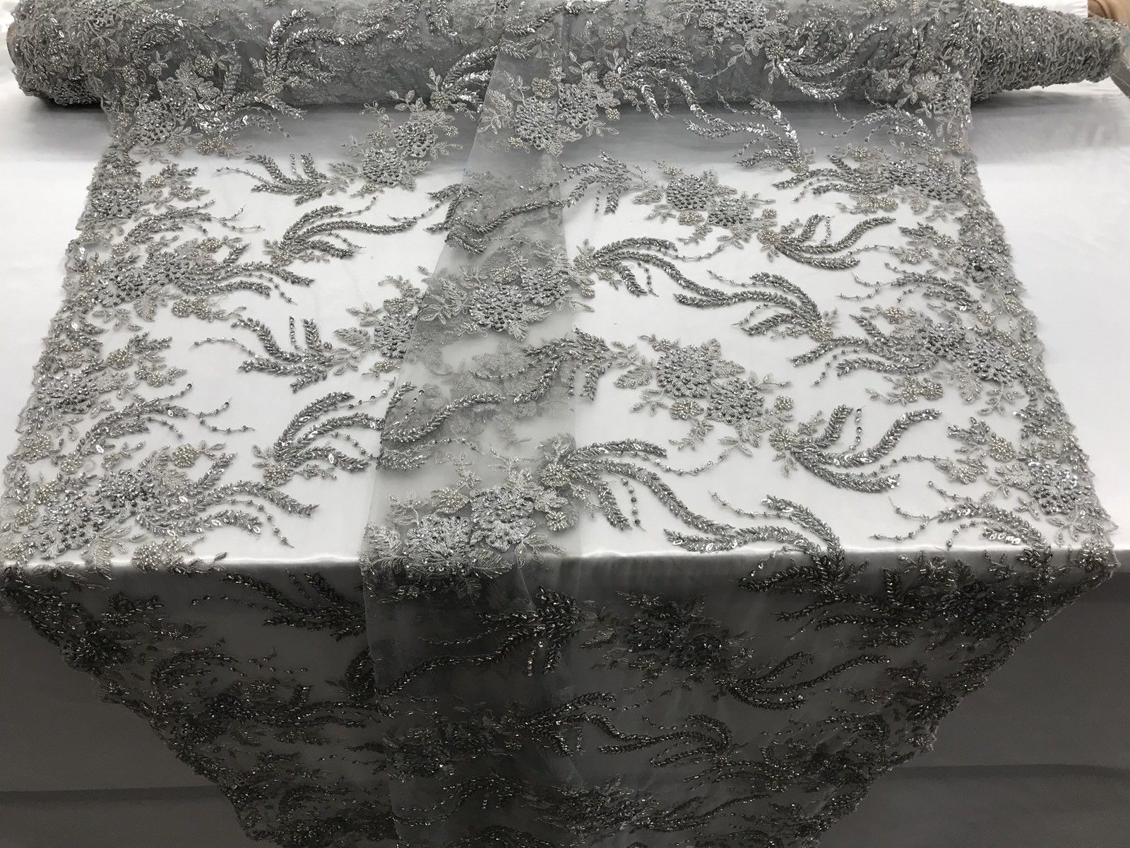 silver sequin lace fabric