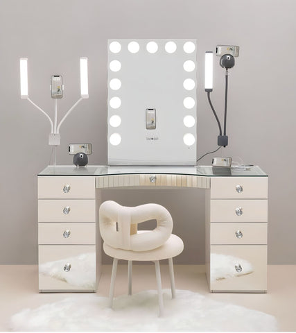 Transform your vanity with GLAMCOR Multimedia X Content Creation Kit. Dual-color LEDs, remote control, and versatile device holders. Ideal for serious content creators. Elevate your filming experience with GLAMCOR lights and accessories.
