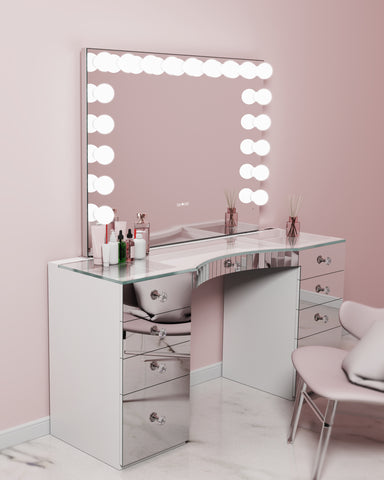 GLAMCOR Power Vanity and RIKI Hollywood Mirror bring sophistication and practicality to your makeup routine, creating a flawless beauty retreat.