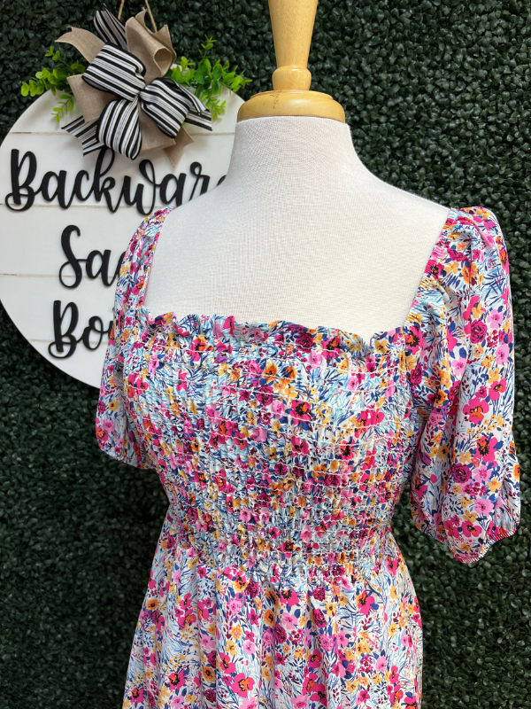 Floral print smocked square neck dress - Backwards Saddle Boutique
