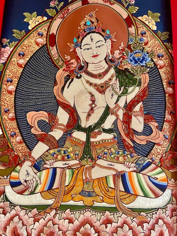 White Tara Thangka featuring pearls and silk applique