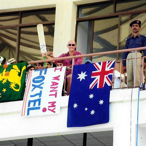 Australian Cricket Tours - At The National Stadium Karachi Displaying My Australia Flag And 'I Want My Foxtel' Sign, In 1998 | Karachi | Pakistan