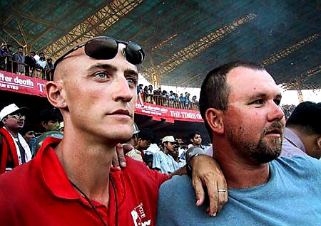 Australian Cricket Tours - Luke 'Sparrow' Gillian And Darren Moulds Look Dejected And Forlorn After Australia Lost At Eden Gardens, Kolkata, The 2nd Test Match Between Australia vs India 2001