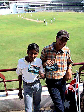 Australian Cricket Tours - Two Lads At Vidharbha Cricket Association Stadium, Nagpur, Pose With Their 'WavingTheFlag.com' Postcards | Nagpur | India