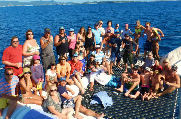 Australian Cricket Tours - Tour Group Photo On The Bow Net Of The Catamaran After An All-Inclusive Day Trip To Prickly Pear, Anguilla, West Indies