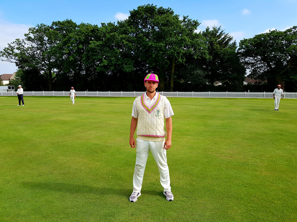 Australian Cricket Club - Nepotists Cricket Club Stalwart Mike 'Magic' Sheldon Stands At Mid-Wicket Of Chingford Cricket Club Showing Off His New Lime Green & Magenta Cricket Sweater Created By Gentleman & Players Cricket Clothing