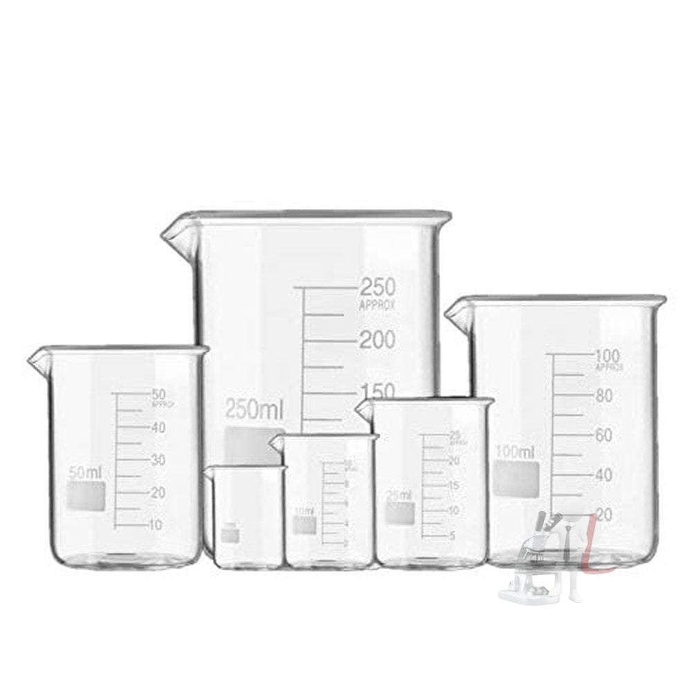 Beaker Glass Borosilicate 3.3  5 ml, 10 ml, 25 ml, 50 ml, 100 ml, 250 ml with Graduation Marks, Set of 6 Beakers