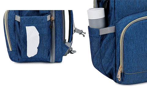 Maternity backpack with side pocket to store wipes